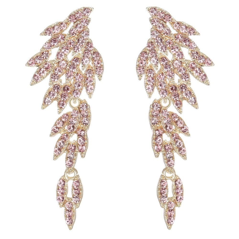 Yellow Gold with Pink Sapphire Crystal Angel Wing Statement Chandelier Earrings